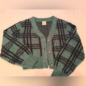 Harper Heritage Plaid Cardigan Medium Teal Black Button Cozy Knit